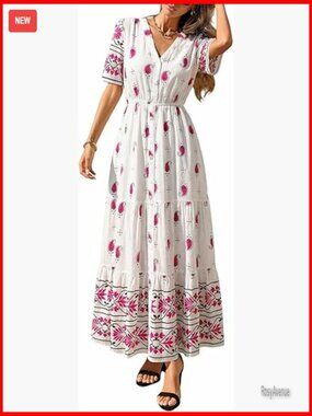 Boho Maxi Dress with Pockets, V-Neck, Short Sleeve, Flowy Summer Dress